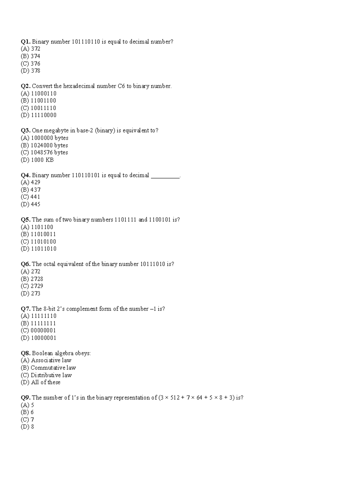 DL & DM Quiz Questions and Answers: Binary, Logic, and Memory Concepts ...