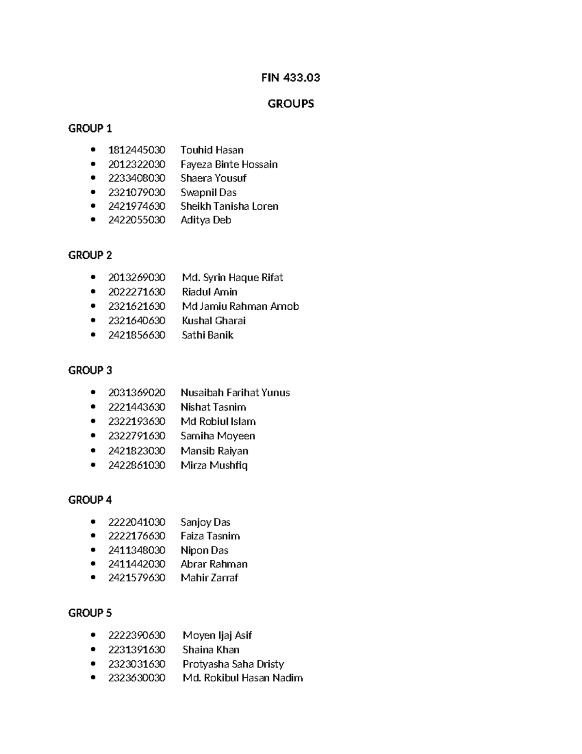 FIN 433.03 - Group Member List and Assignments - Studocu