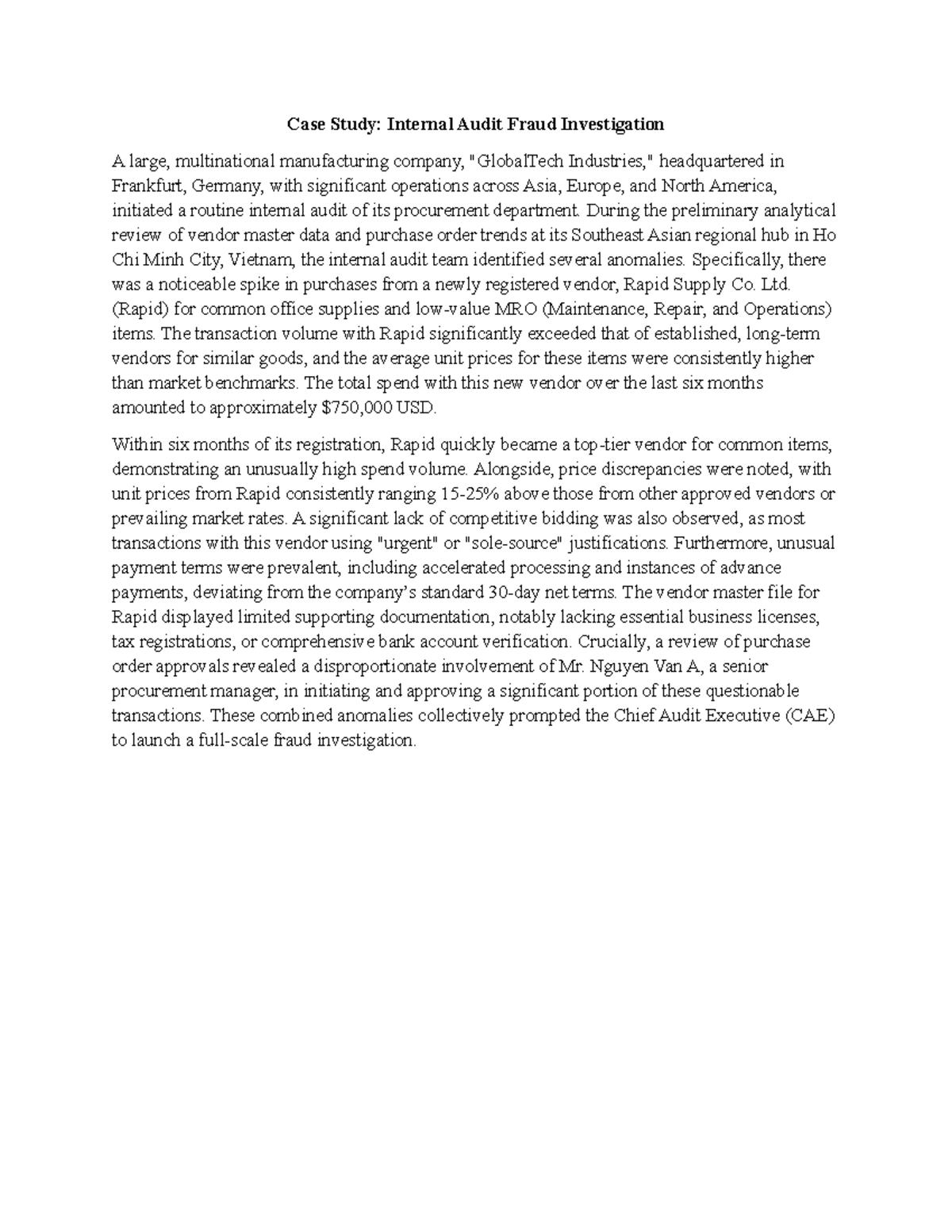 Case Study 4: Internal Audit Fraud Investigation in Procurement - Studocu