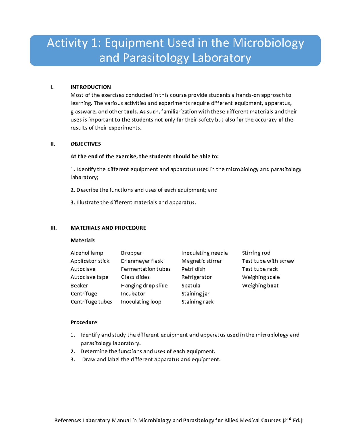 Microbiology and Parasitology Lab Equipment Overview (Activity 1) - Studocu