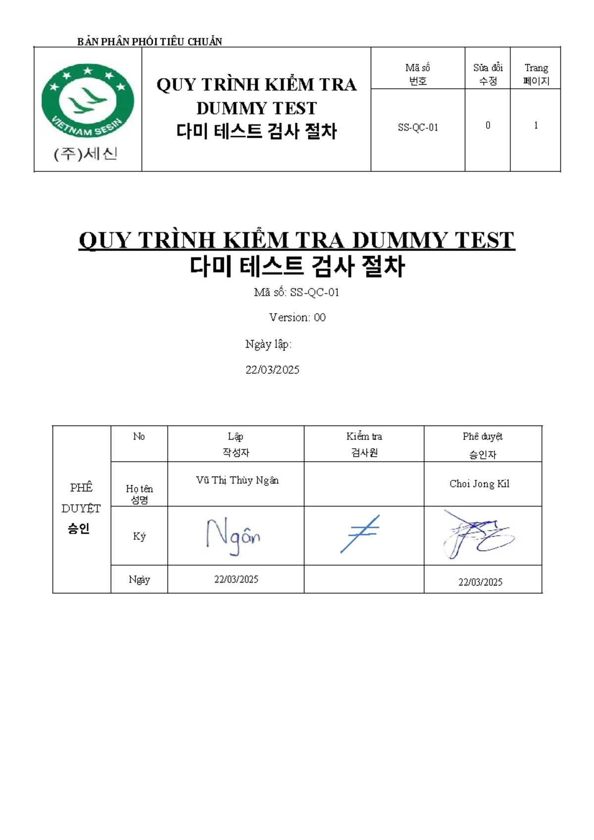 Quy Trình Kiểm Tra Dummy Test SESIN - Mã Số: 00 - Studocu