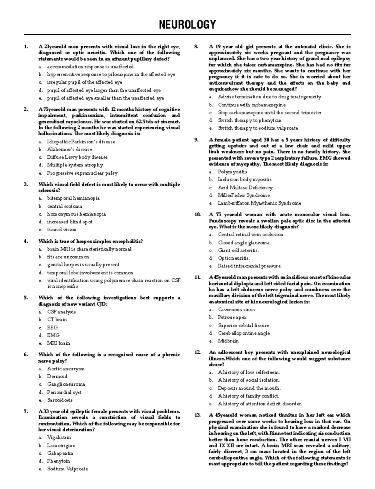 NEUROLOGY PRACTICE MCQS FOR NLM2/YR4/FINALS EXAM PREPARATION - Studocu