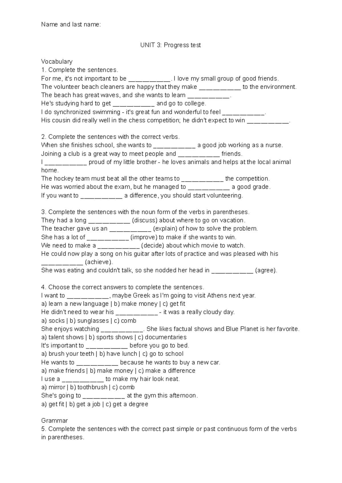 UNIT 3: Progress Test Vocabulary - Exam 4th Year - Studocu