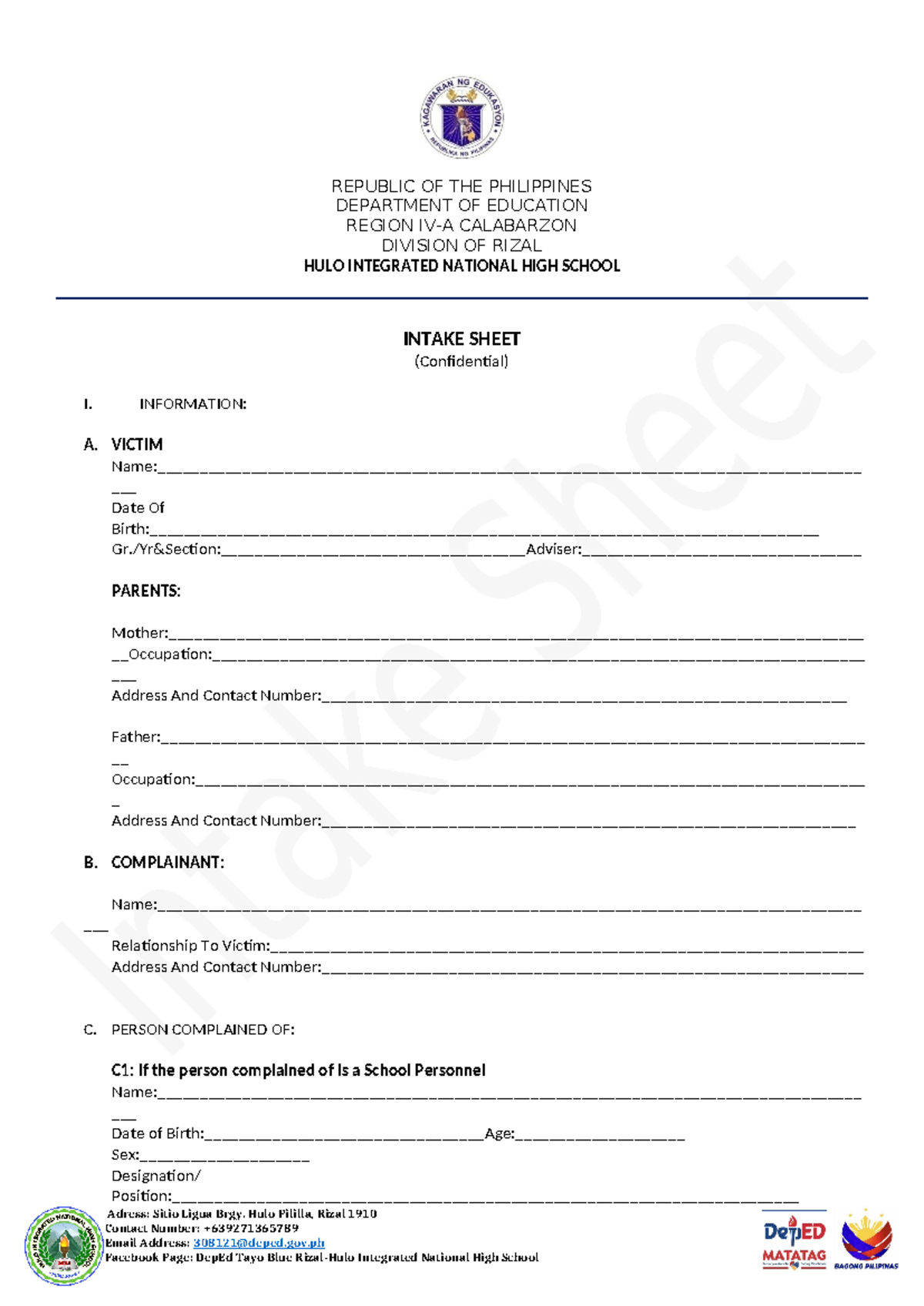 Intake Sheet - use for case management - REPUBLIC OF THE PHILIPPINES ...