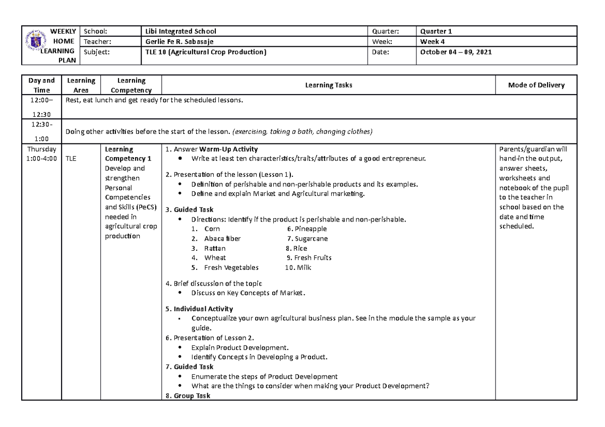 TLE 10 - Weekly Home Learning Plan for Agricultural Crop Production ...