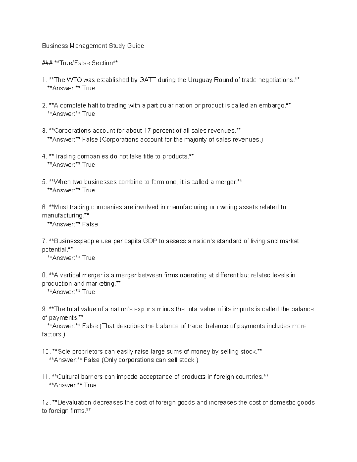 Business Management Midterm Study Guide with True/False & MCQs ...
