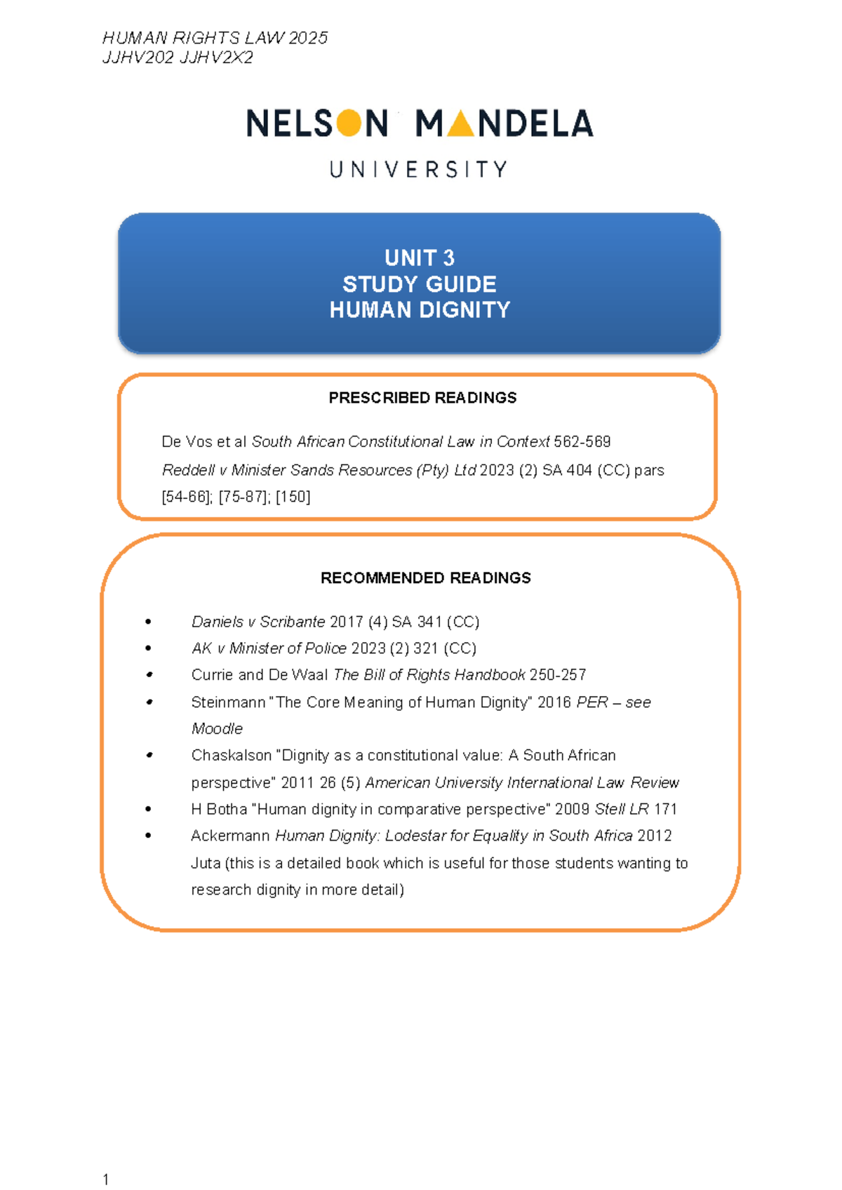 HUMAN RIGHTS LAW 2025 JJHV202 JJHV2X2 UNIT 3 STUDY GUIDE: DIGNITY AND ...