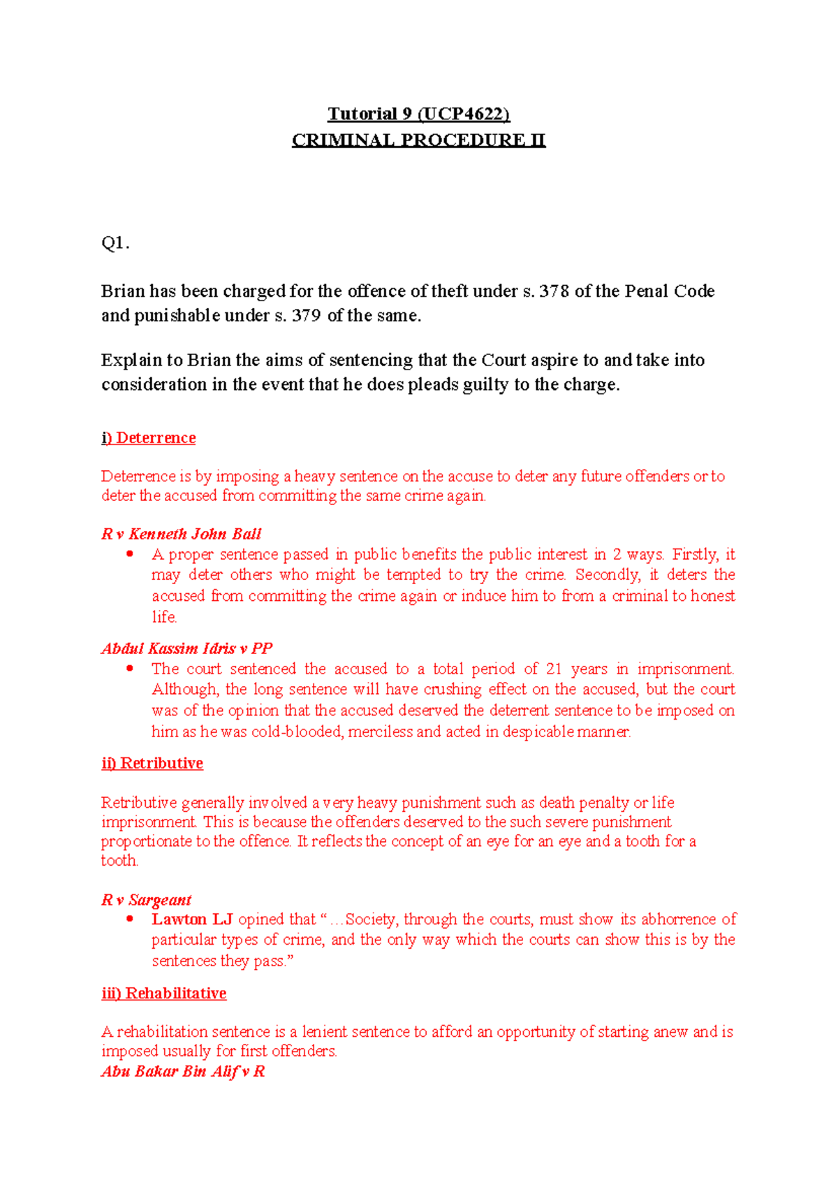 Tutorial 9 (UCP4622) Criminal Procedure II: Aims of Sentencing ...