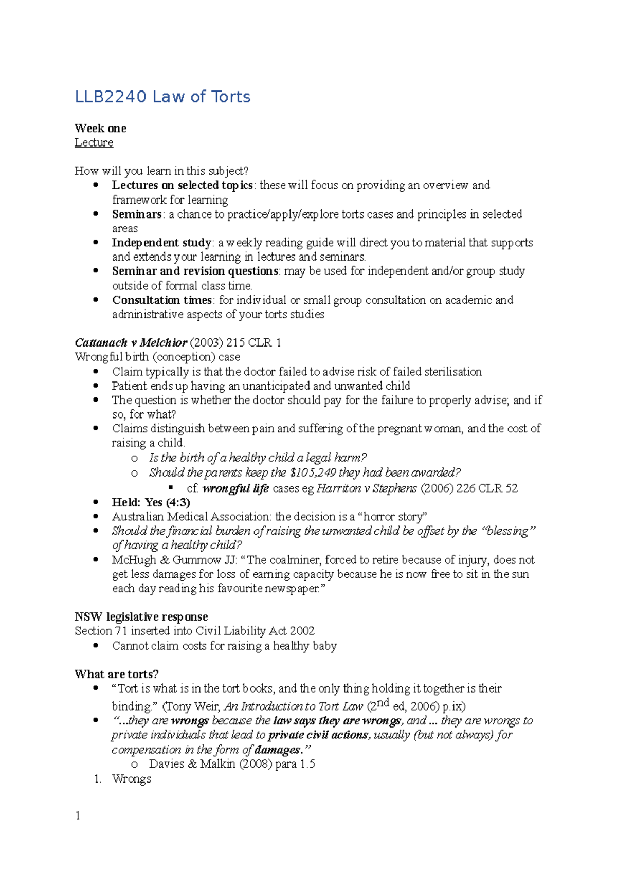 LLB2240 Law of Torts - Comprehensive Week-by-Week Lecture Notes - Studocu