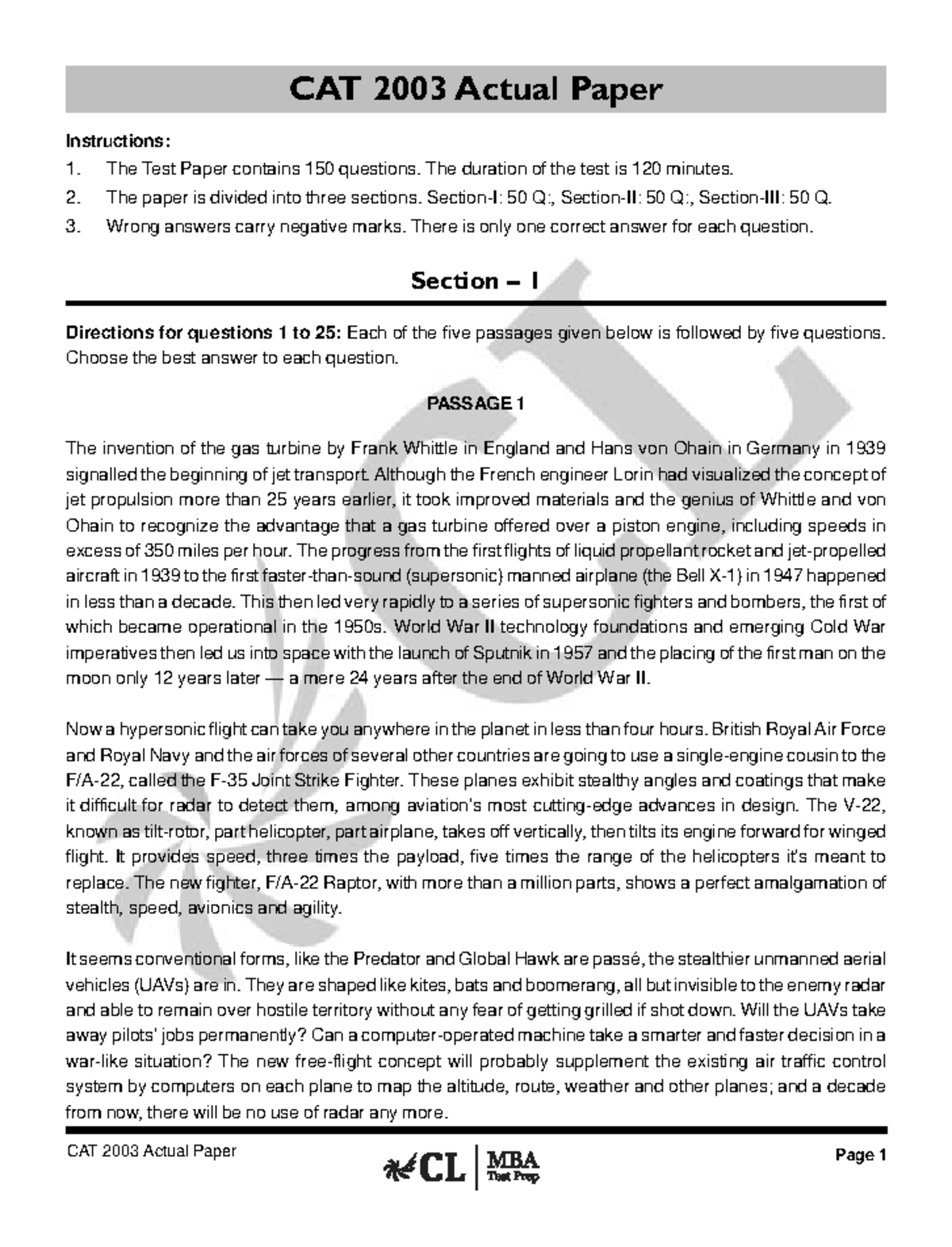 CAT 2003 (R) Actual Paper: Comprehensive Question Analysis - Studocu