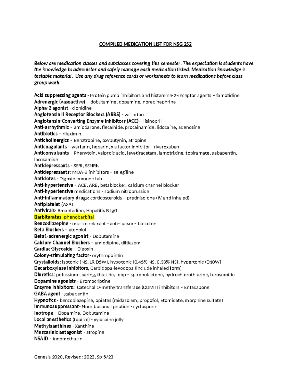 NSG 252 Final Exam Med List: Essential Medications Overview - Studocu