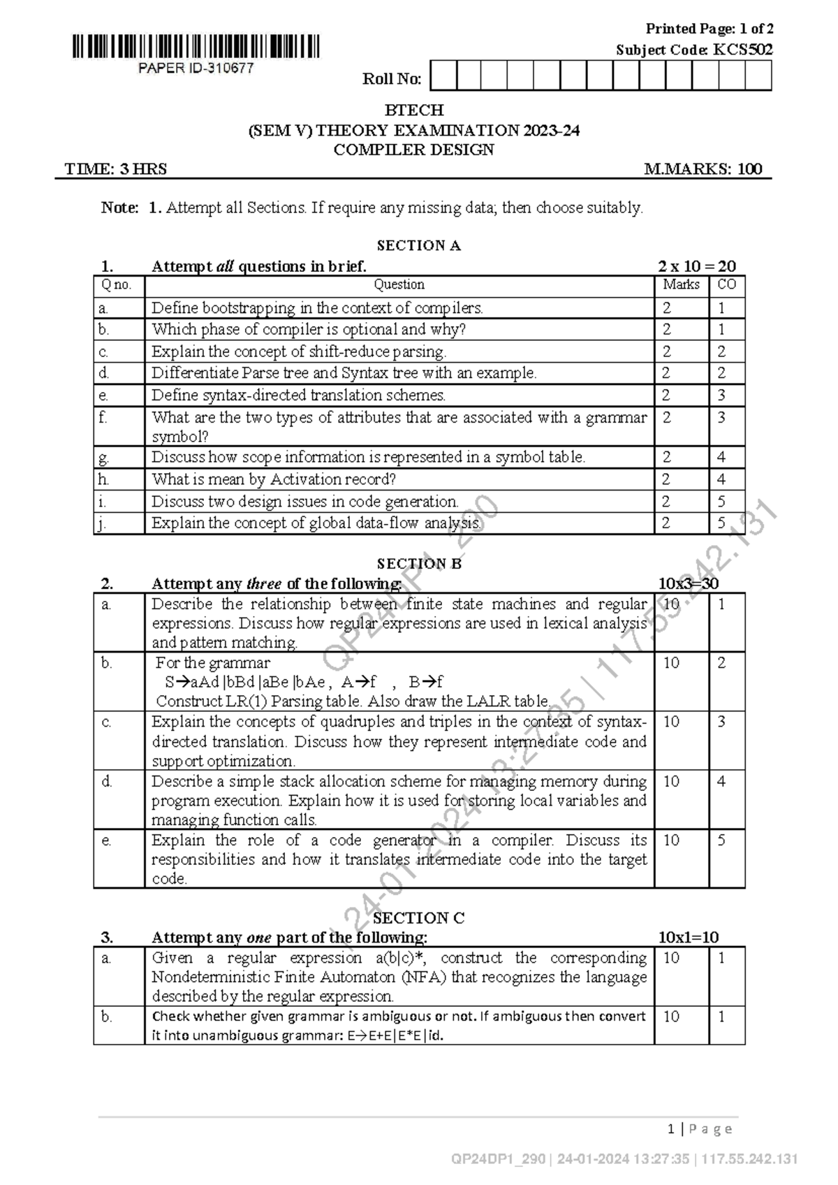 KCS502 - Compiler Design Theory Exam Notes for BTECH SEM V - Studocu