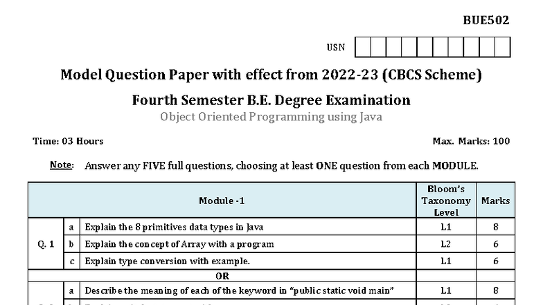BUE502 - Object Oriented Programming in Java Model Question Paper - Studocu