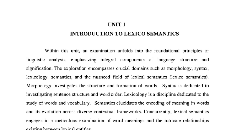UNIT 1: Introduction to Lexico Semantics and Linguistic Analysis - Studocu