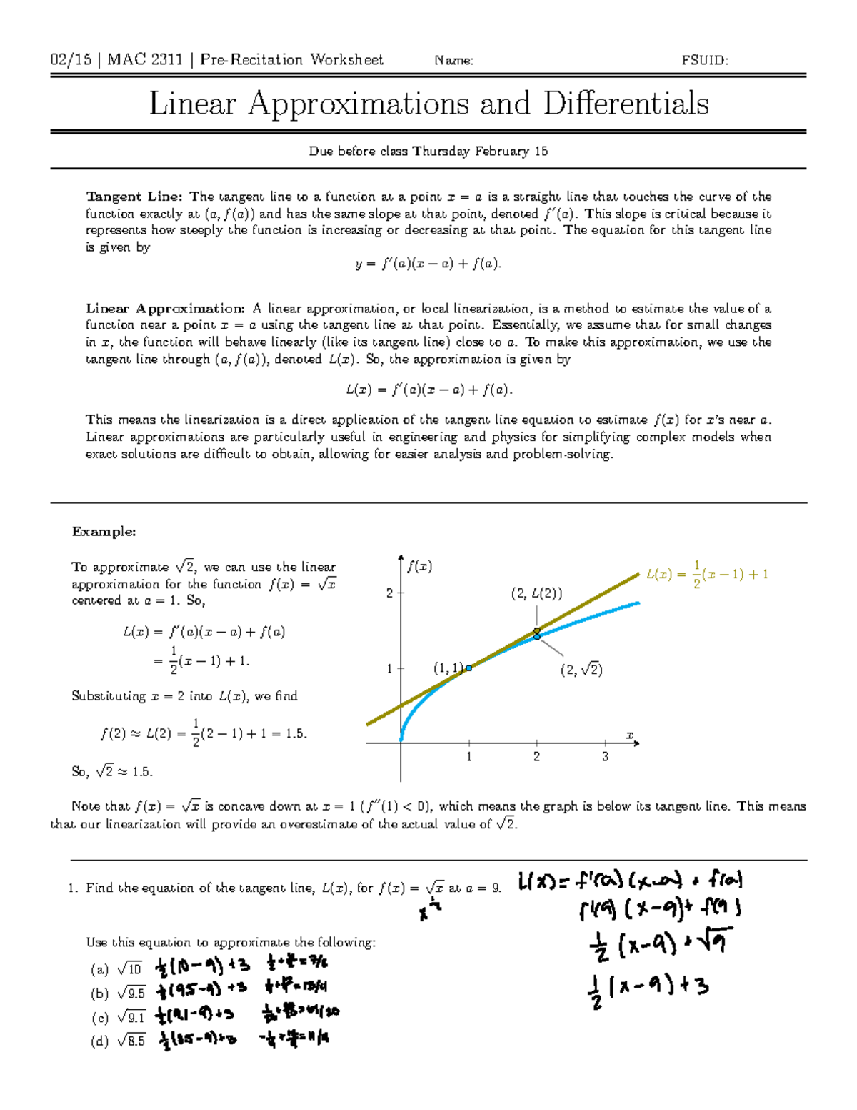 MAC 2311 Recitation: Linear Approximations & Differentials Worksheet ...