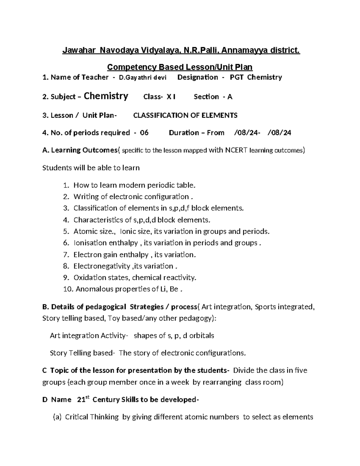 11.3 Lesson Plan on Classification of Elements in Chemistry - Class XI ...