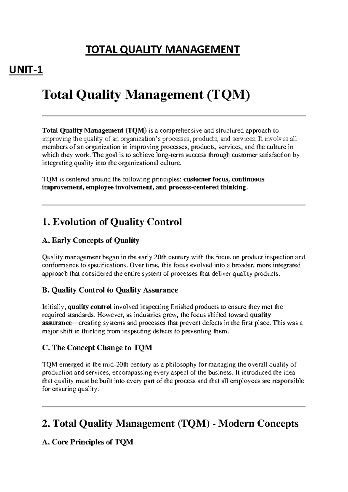 Total Quality Management UNIT1&2 Notes - TOTAL QUALITY MANAGEMENT UNIT ...