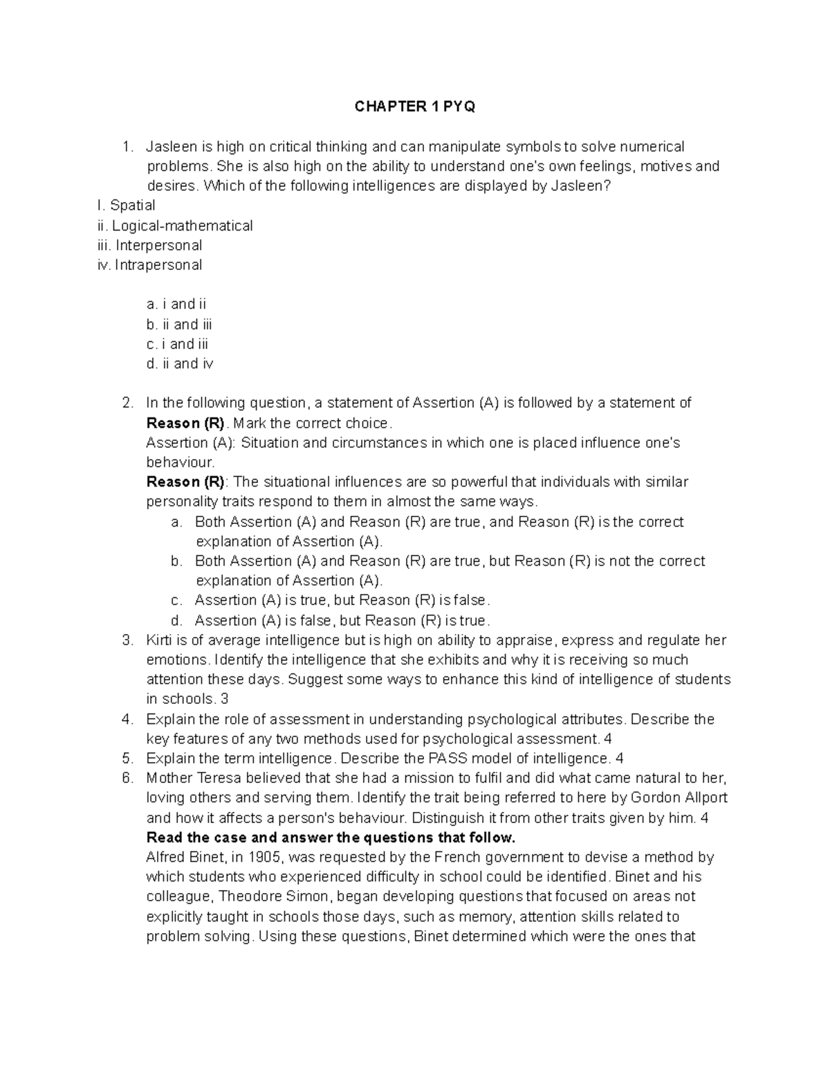 Chapter 1 PYQ - Intelligence Theories & Assessments Insights - Studocu