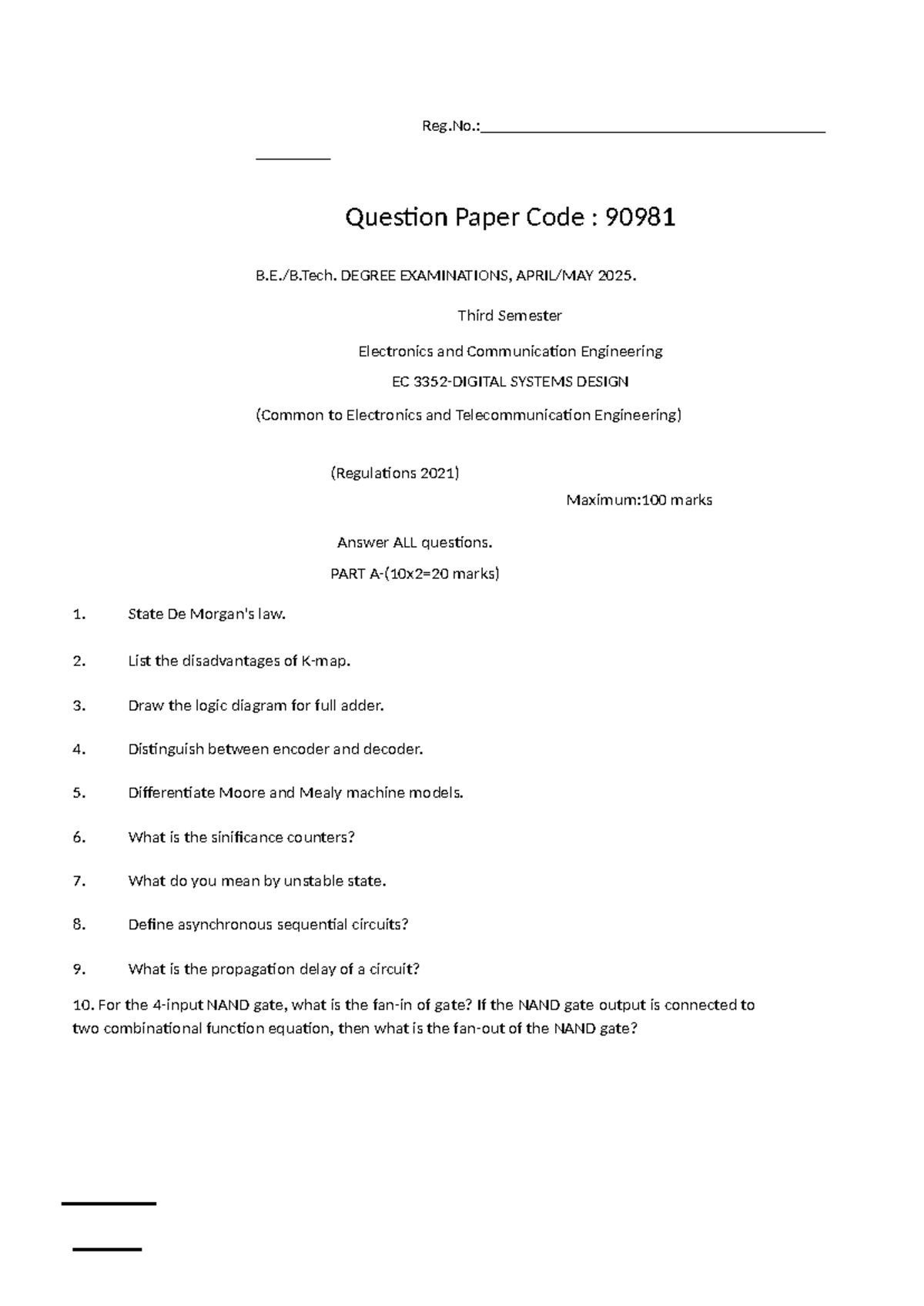 EC 3352 Final Exam Question Paper - Digital System Design 2025 - Studocu