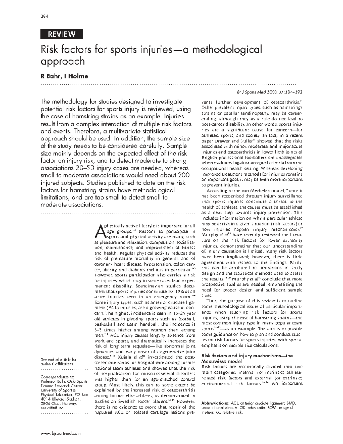 384 REVIEW: Methodological Insights on Risk Factors for Sports Injuries ...
