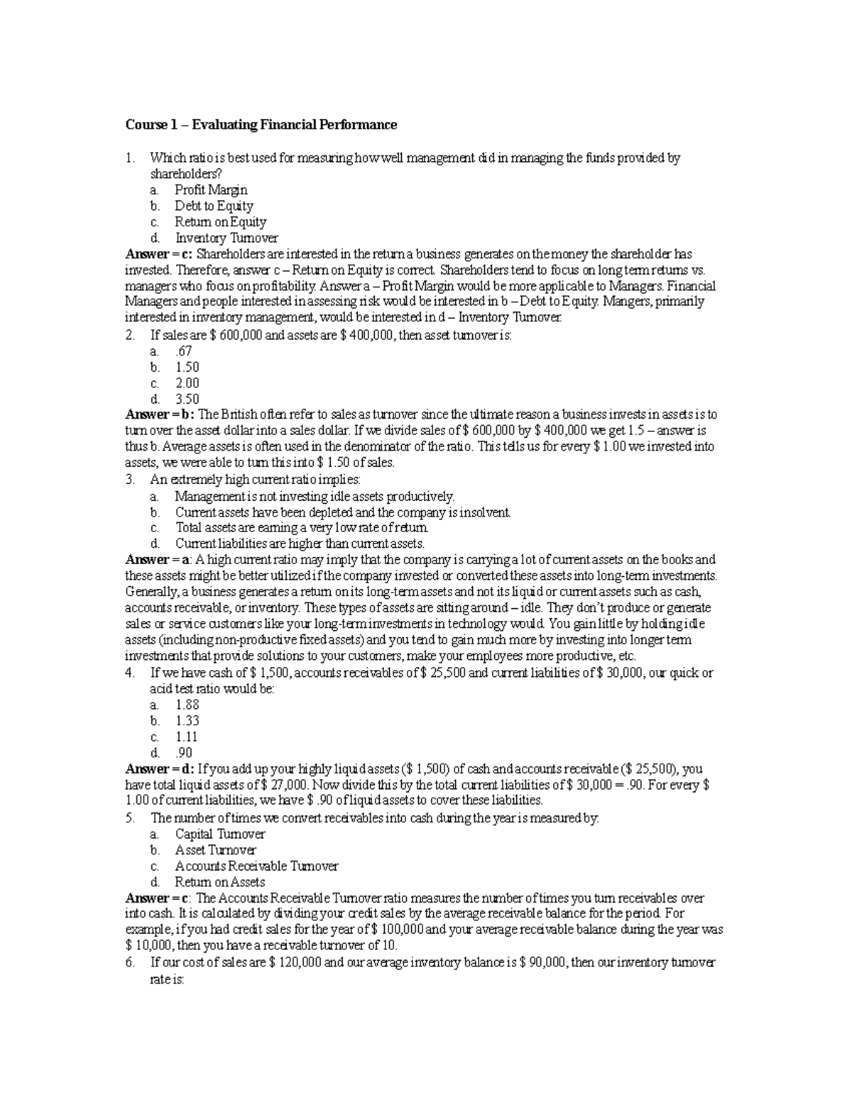 FIN325 Final Exam Practice - Course 1 – Evaluating Financial ...