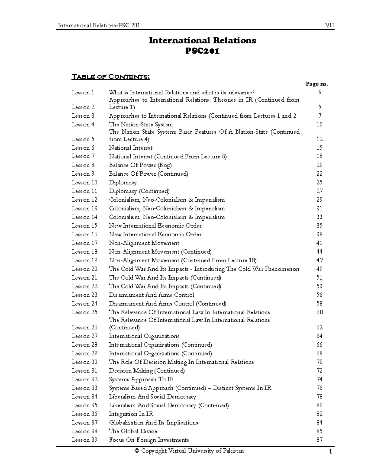 PSC201 Lecture Handouts on International Relations - Key Concepts and ...