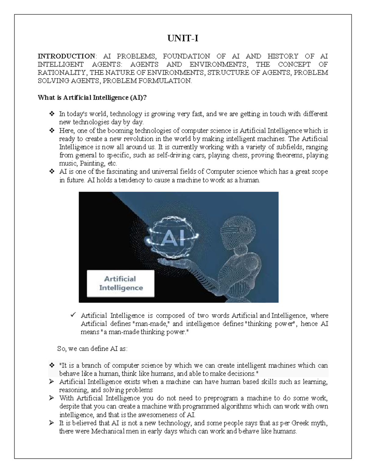AI UNIT - 1 Final Exam Notes: Foundations, Problems, and Agents - Studocu
