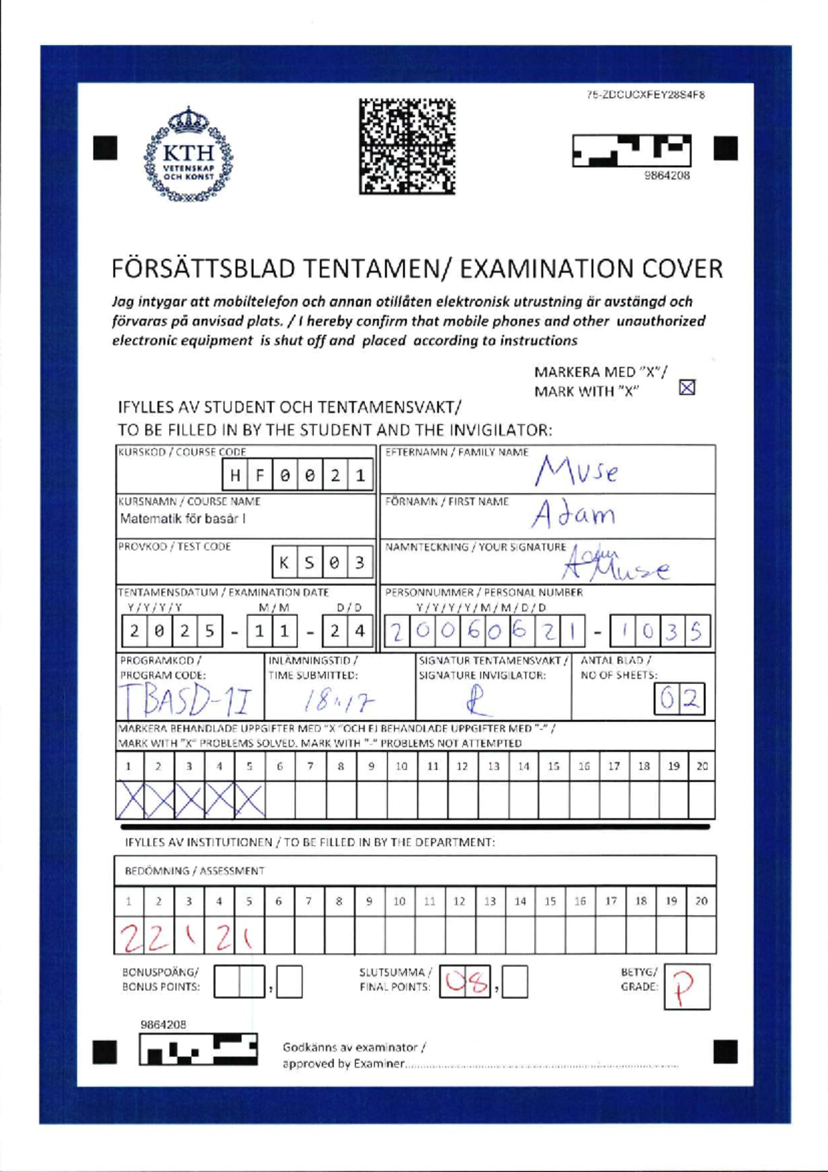 HF0021-KS03 Final Exam Cover Sheet - Matematik för basår I - Studocu