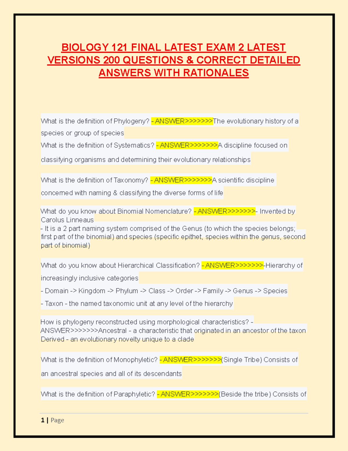 BIOLOGY 121 FINAL EXAM 2: 200 QUESTIONS WITH DETAILED ANSWERS - Studocu