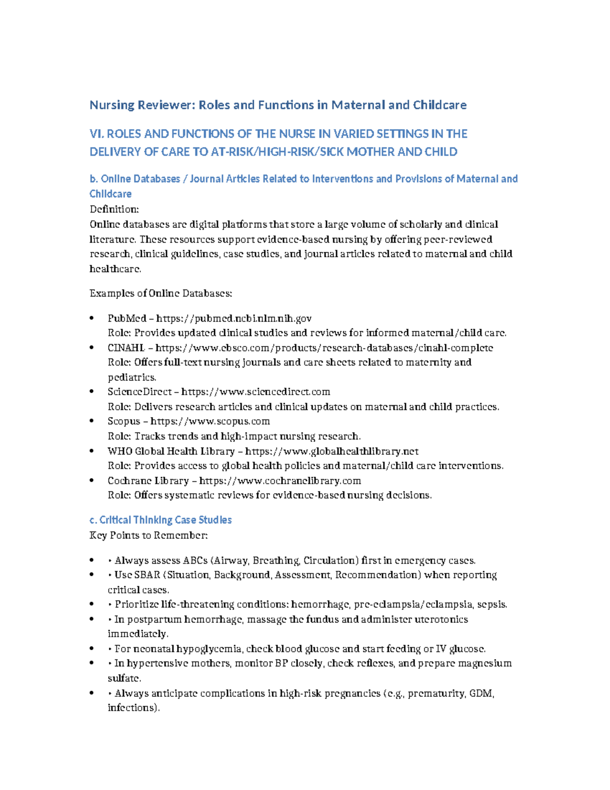 Nursing Reviewer: Maternal & Childcare Roles and Critical Thinking VI ...