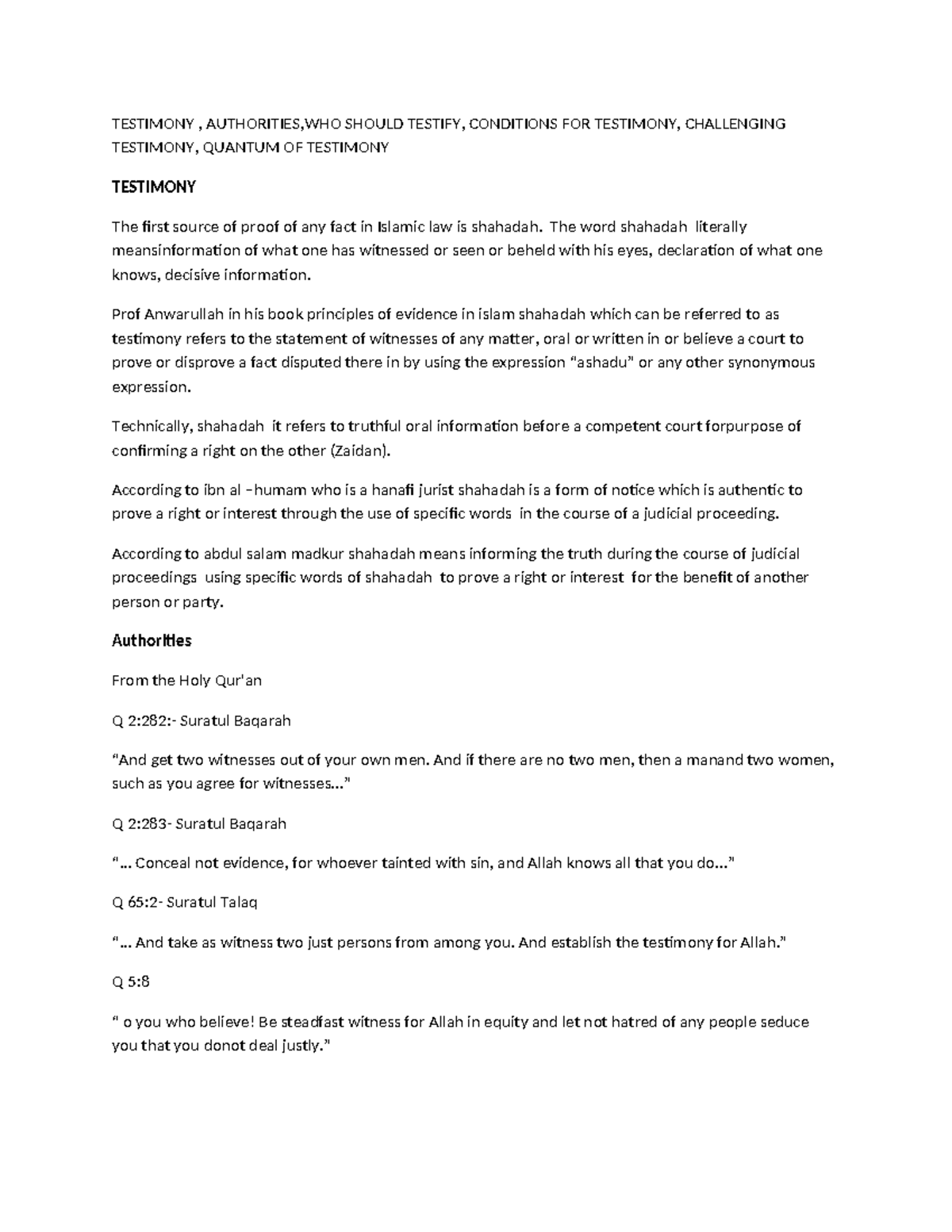 Islamic Criminal Law: Testimony, Authorities, and Conditions (CRIM 101 ...