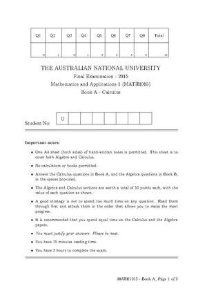 MATH1013 SAMPLE Final Exam Questions and Solutions, Semester 1, 2024 ...