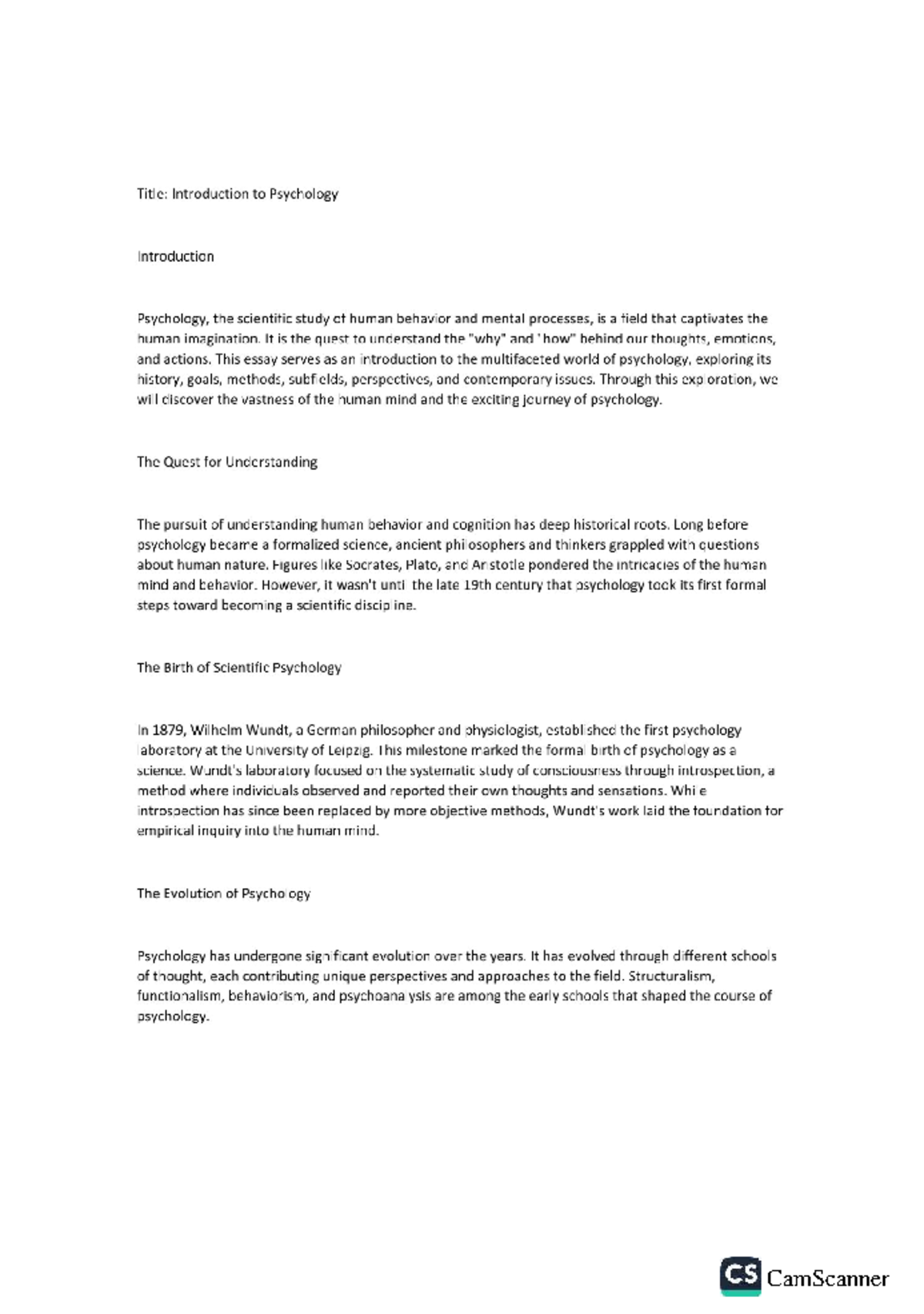 CS 101: Introduction to Psychology - Exploring Human Behavior and Mind ...