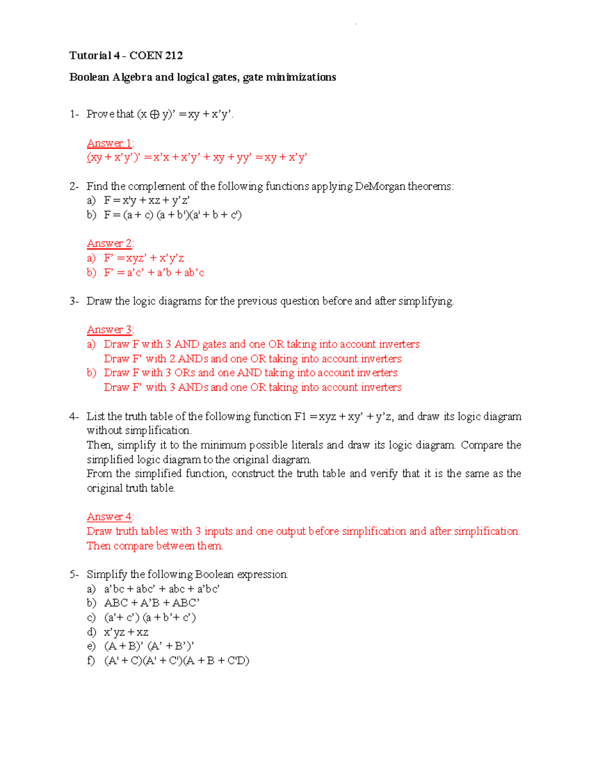 Tutorial 4 Solutions COEN 212 Boolean Algebra & Logic Gates - Studocu