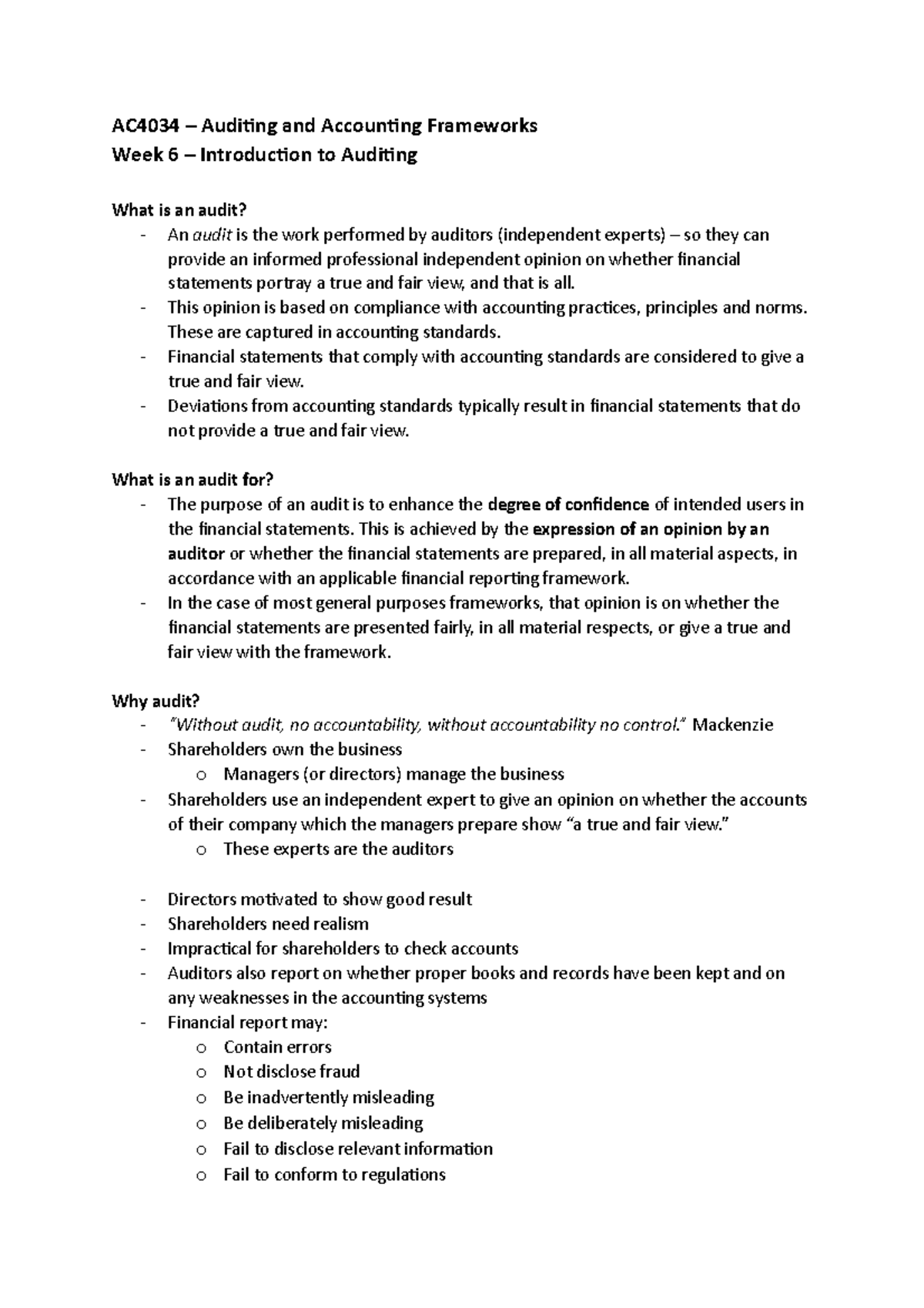 AC4034 - Week 6 Lecture Notes: Introduction to Auditing Concepts - Studocu