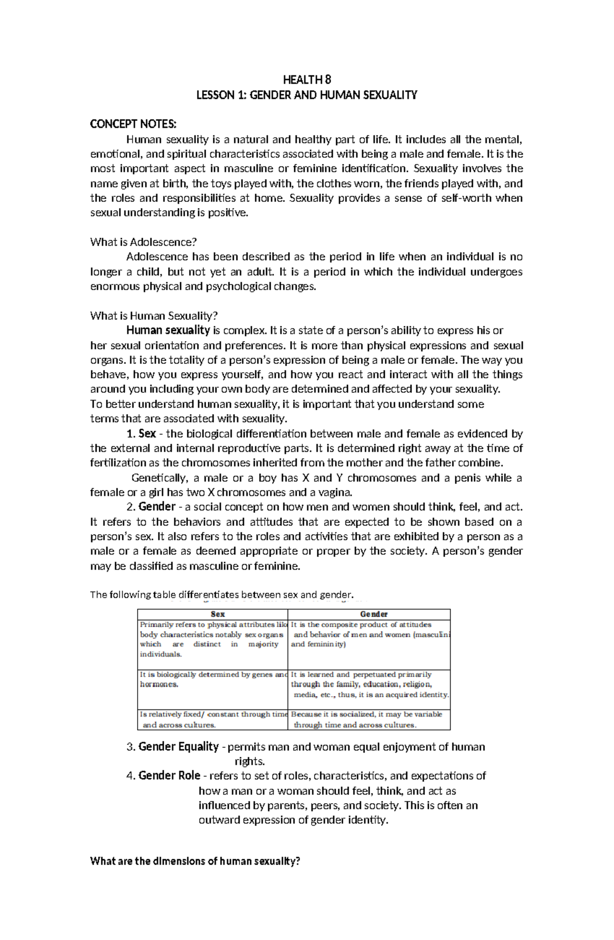 Health 8: Lesson 1 Notes on Gender and Human Sexuality - Studocu
