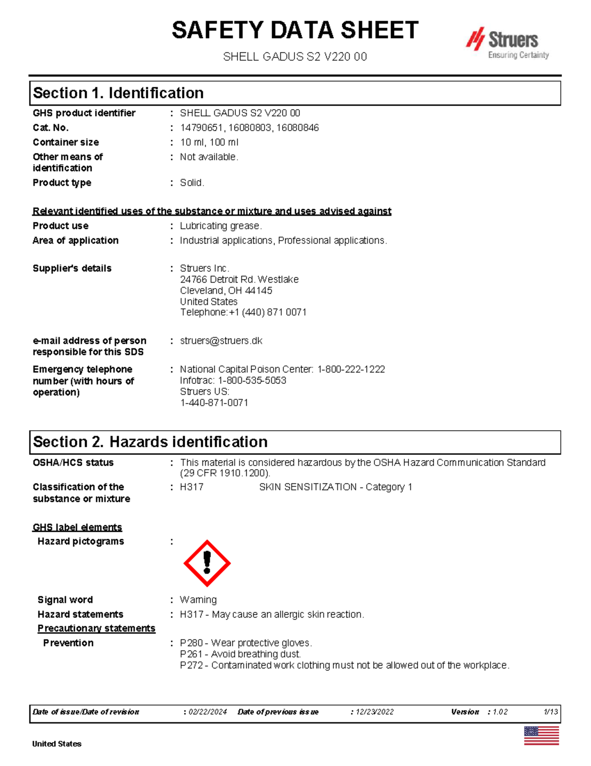 F503-K04T-E001-JFMJ Safety Data Sheet for SHELL GADUS S2 V220 00 - Studocu
