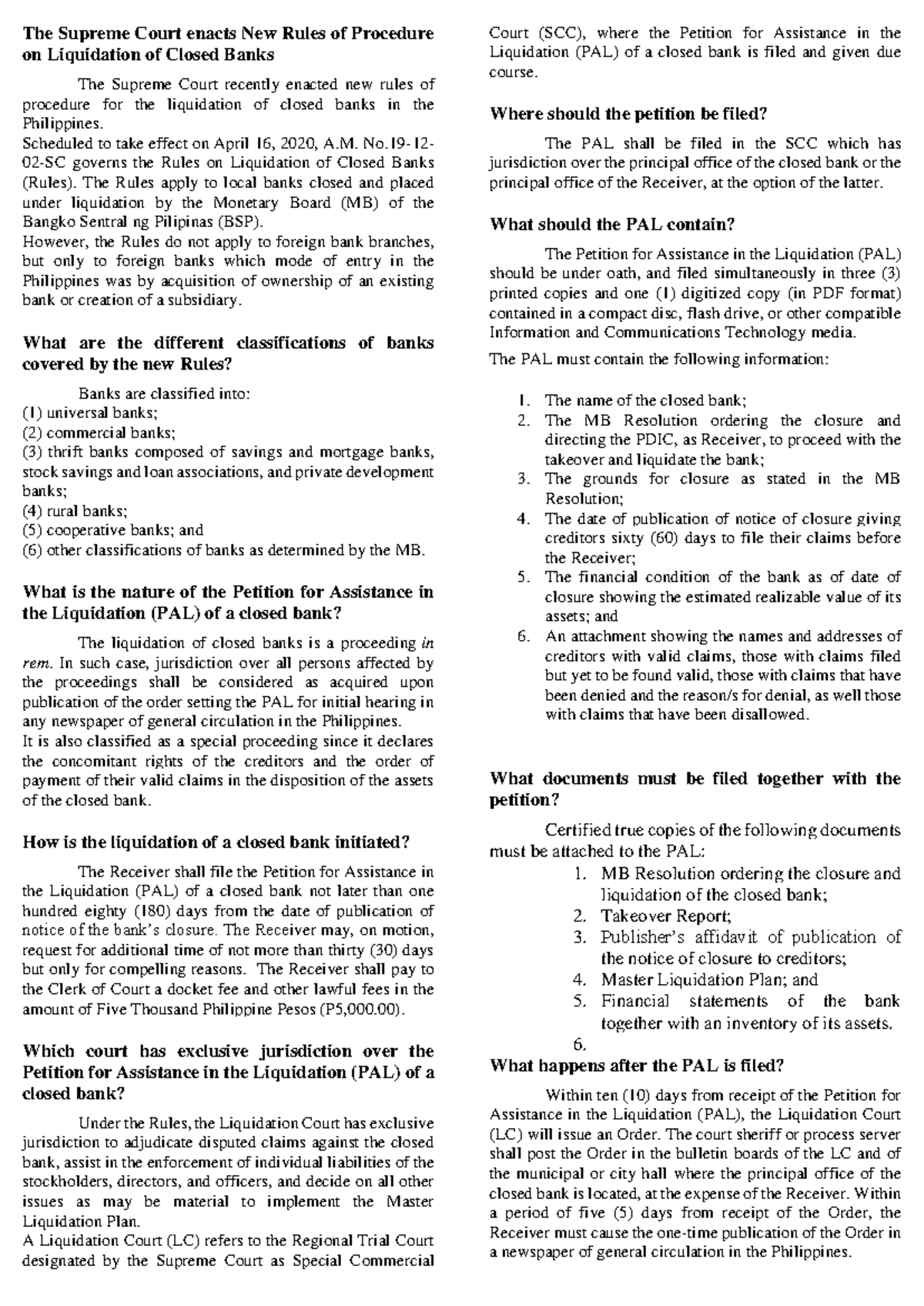 Bank Liquidation - Notes on New Rules of Procedure - Studocu