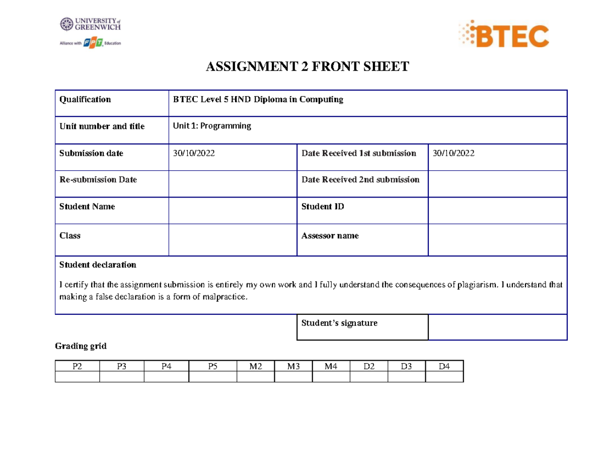 Ass2 programing ban - ASSIGNMENT 2 FRONT SHEET Qualification BTEC Level ...