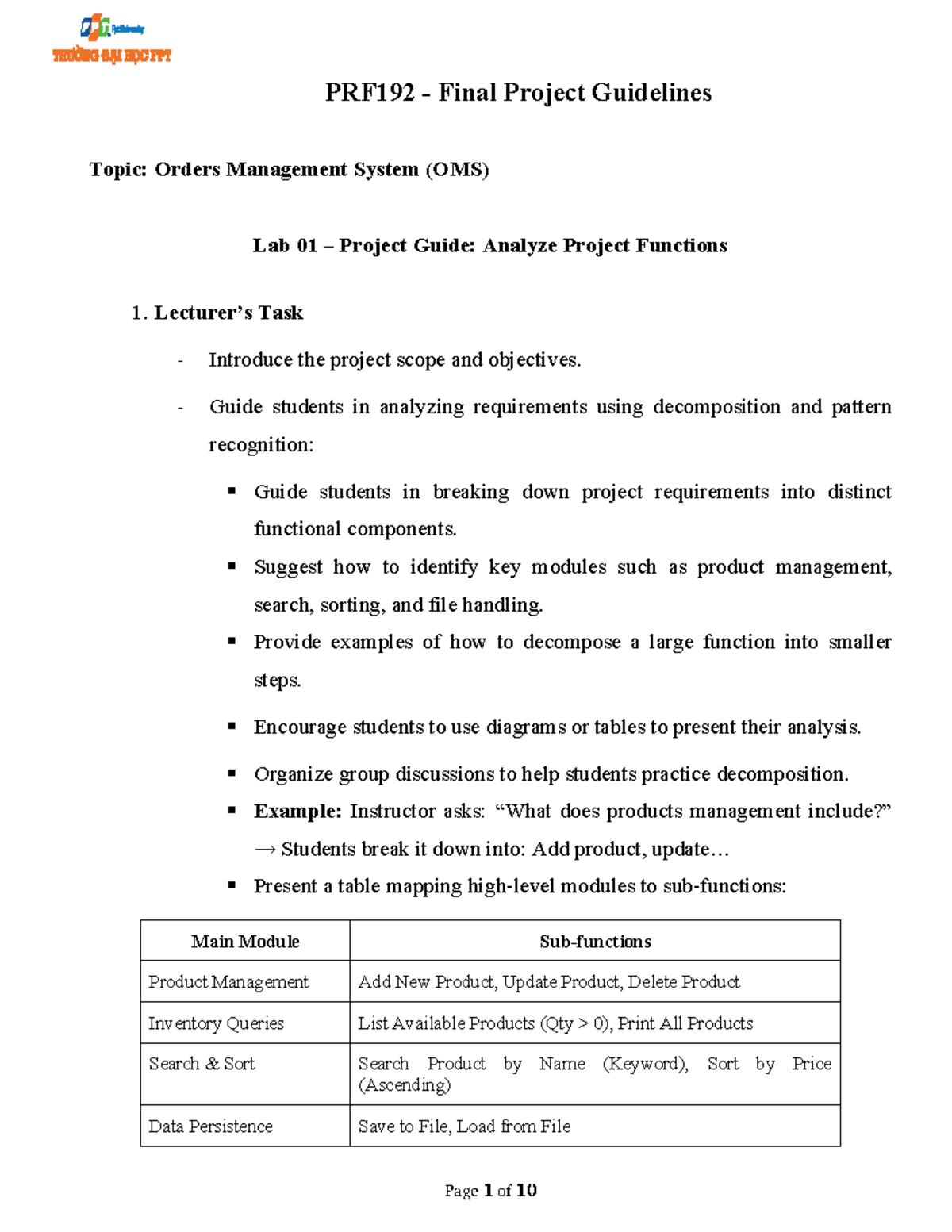 PRF192 Final Project Guidelines: Orders Management System Analysis ...