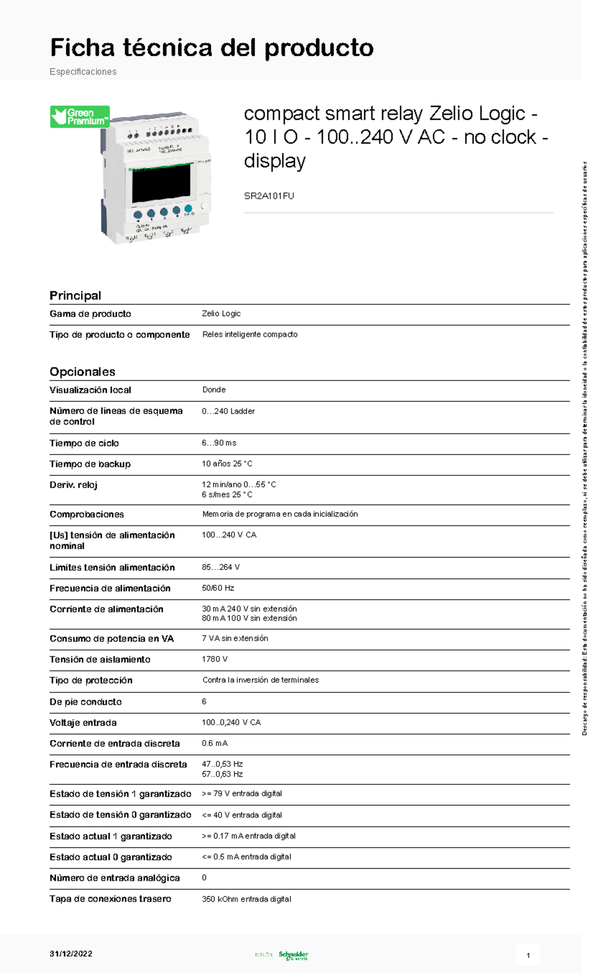 Ficha Técnica del Relé Inteligente Compacto Zelio Logic SR2A101FU - Studocu