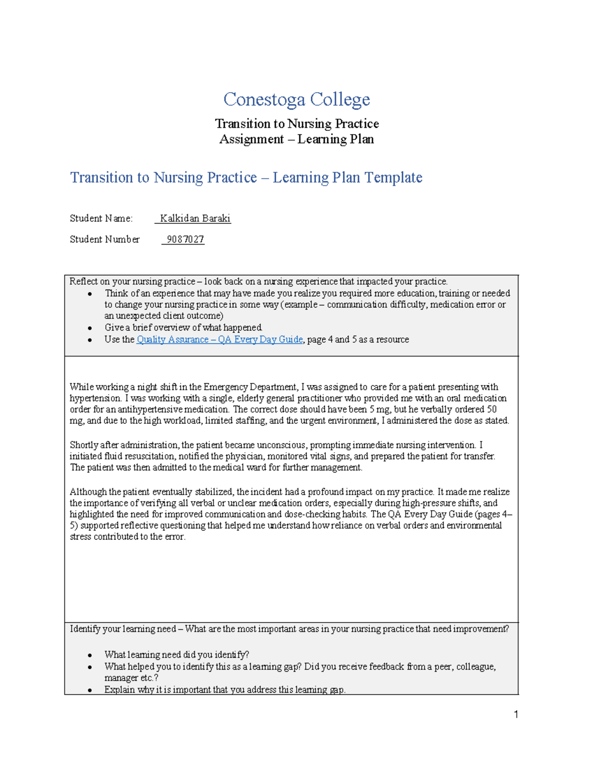 Conestoga College NURS 1010 Transition to Nursing Practice Learning ...