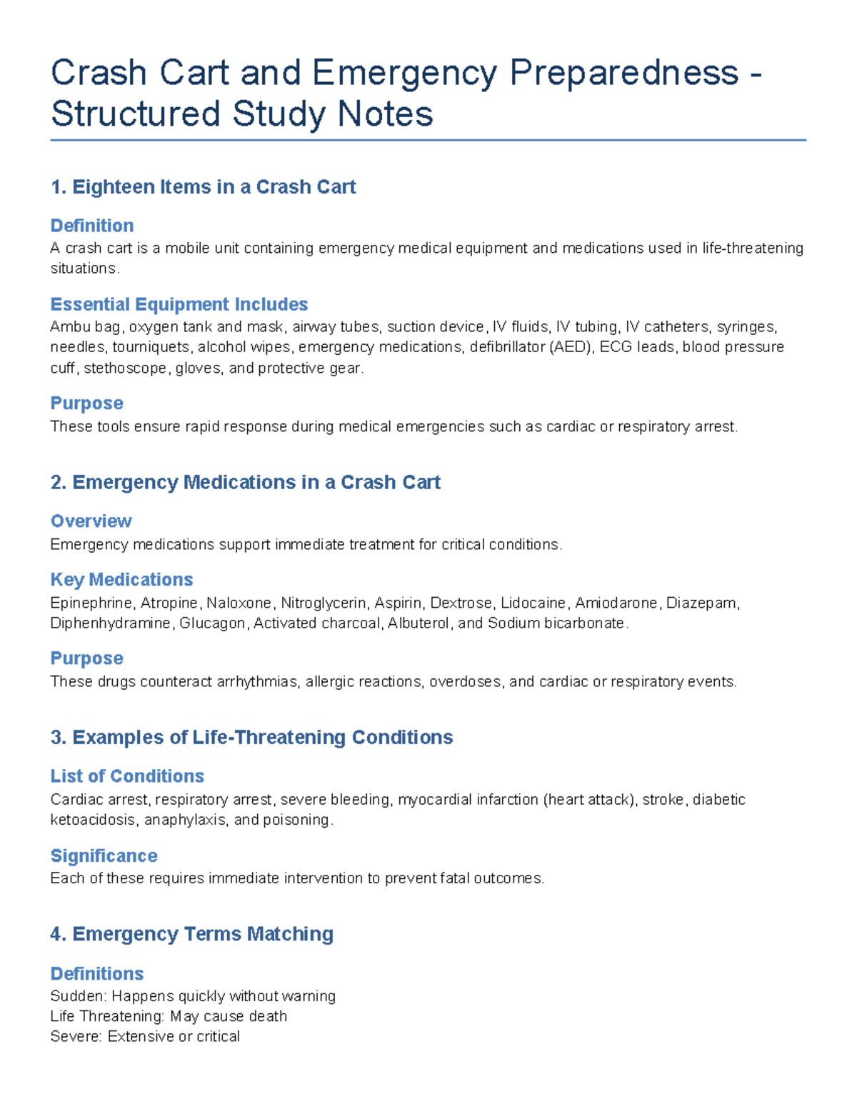Crash Cart & Emergency Preparedness Study Notes - MA40 Week 4 - Studocu