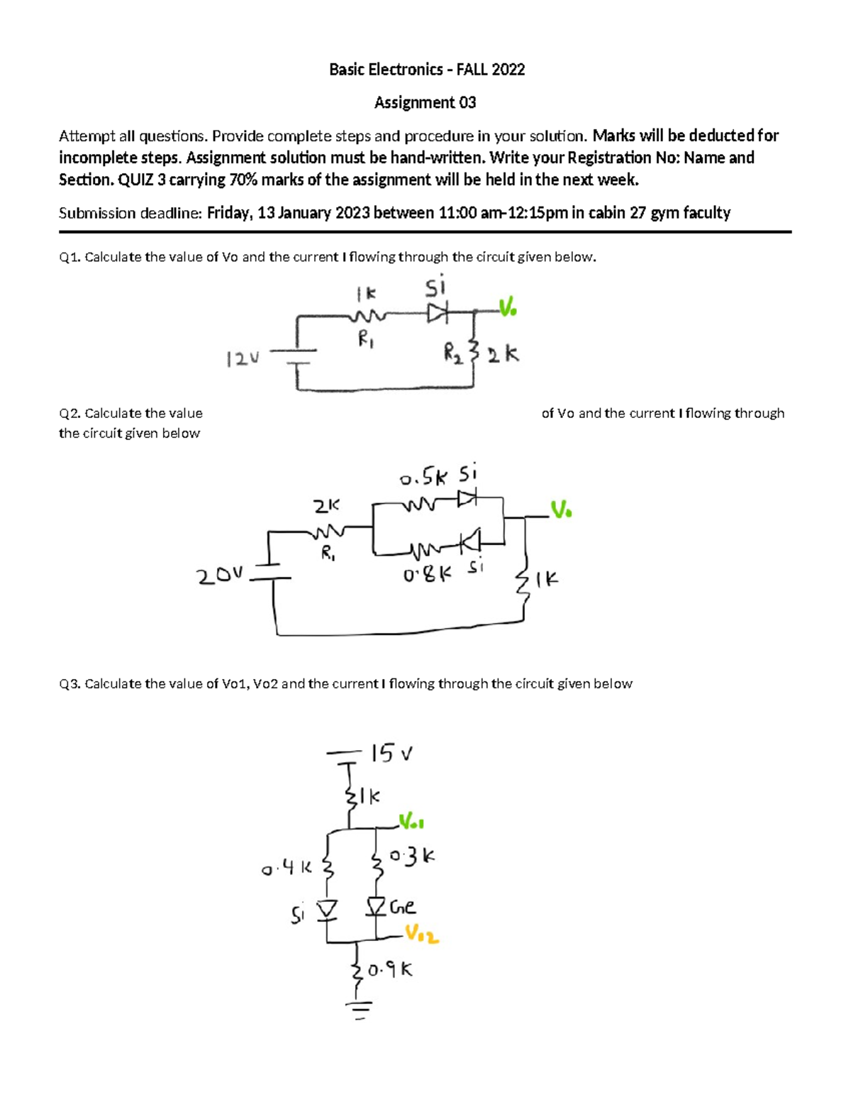 BE 2022 Fall Assignment 03: Basic Electronics Problems & Solutions ...