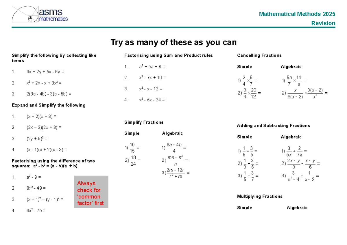 Mathematical Methods 2025 Revision Sheet: Simplification ...