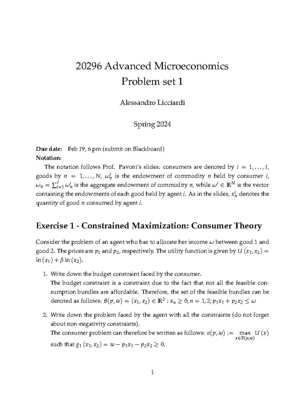 Micro (29) - 20296 Advanced Microeconomics Problem set 1 Alessandro ...