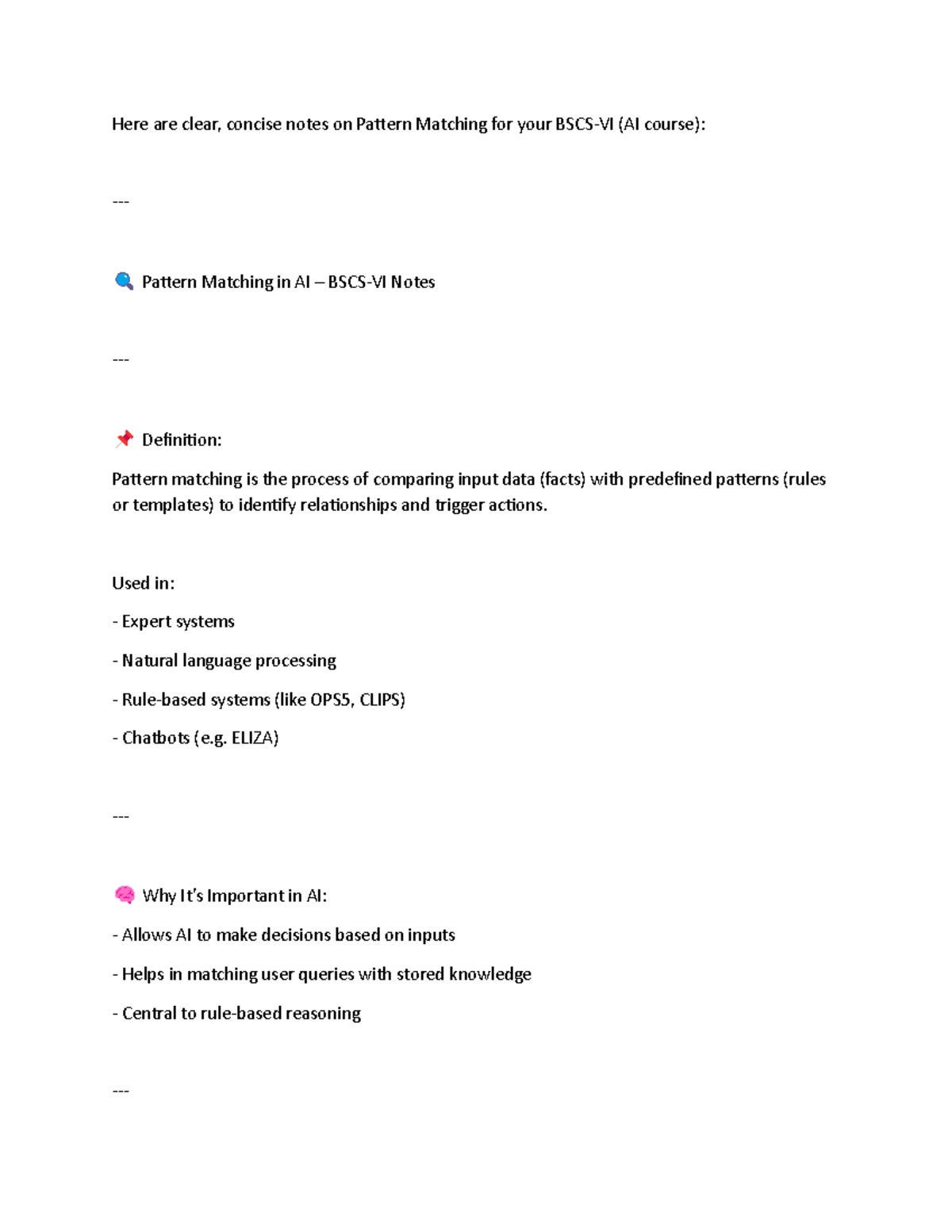 AI Course: Pattern Matching Lecture Notes & Summary - Studocu