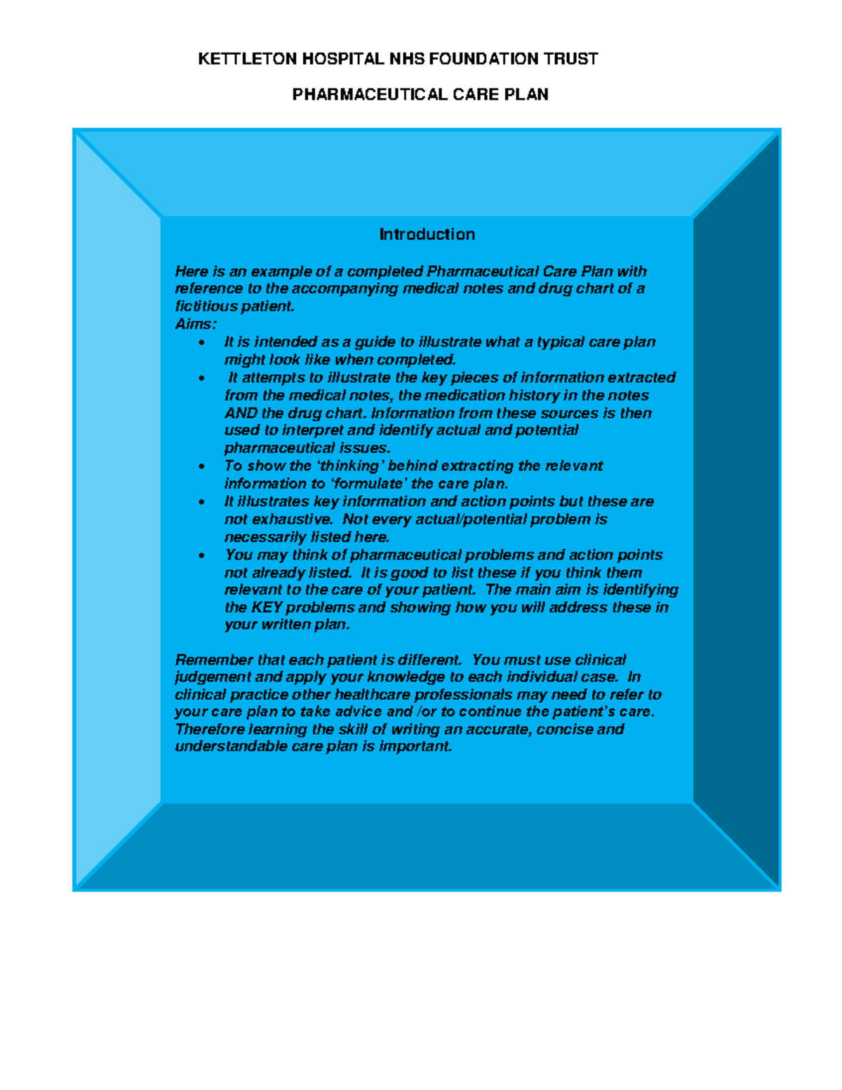 KETTLETON HOSPITAL NHS FT PHARMACEUTICAL CARE PLAN: A.W. Case Study ...