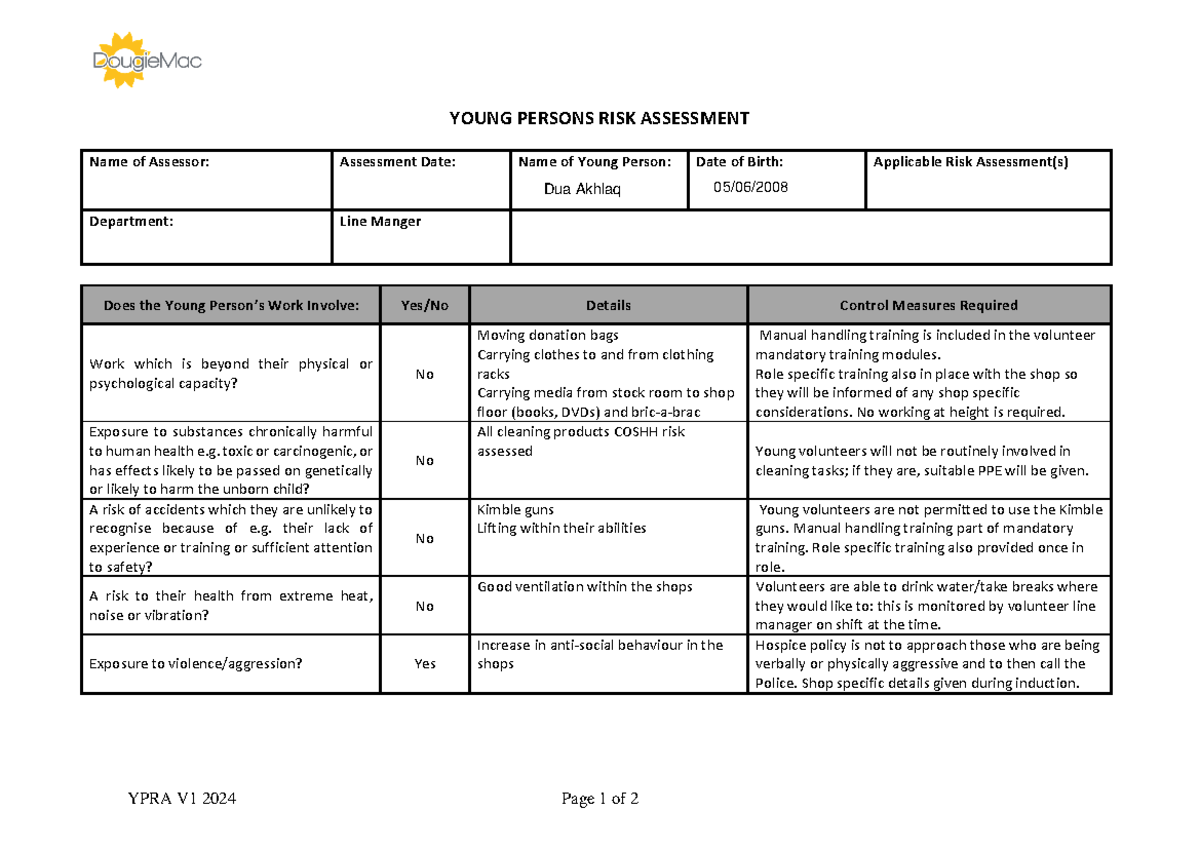 Young Persons Risk Assessment (YPRA V1 2024) for Shops - Studocu