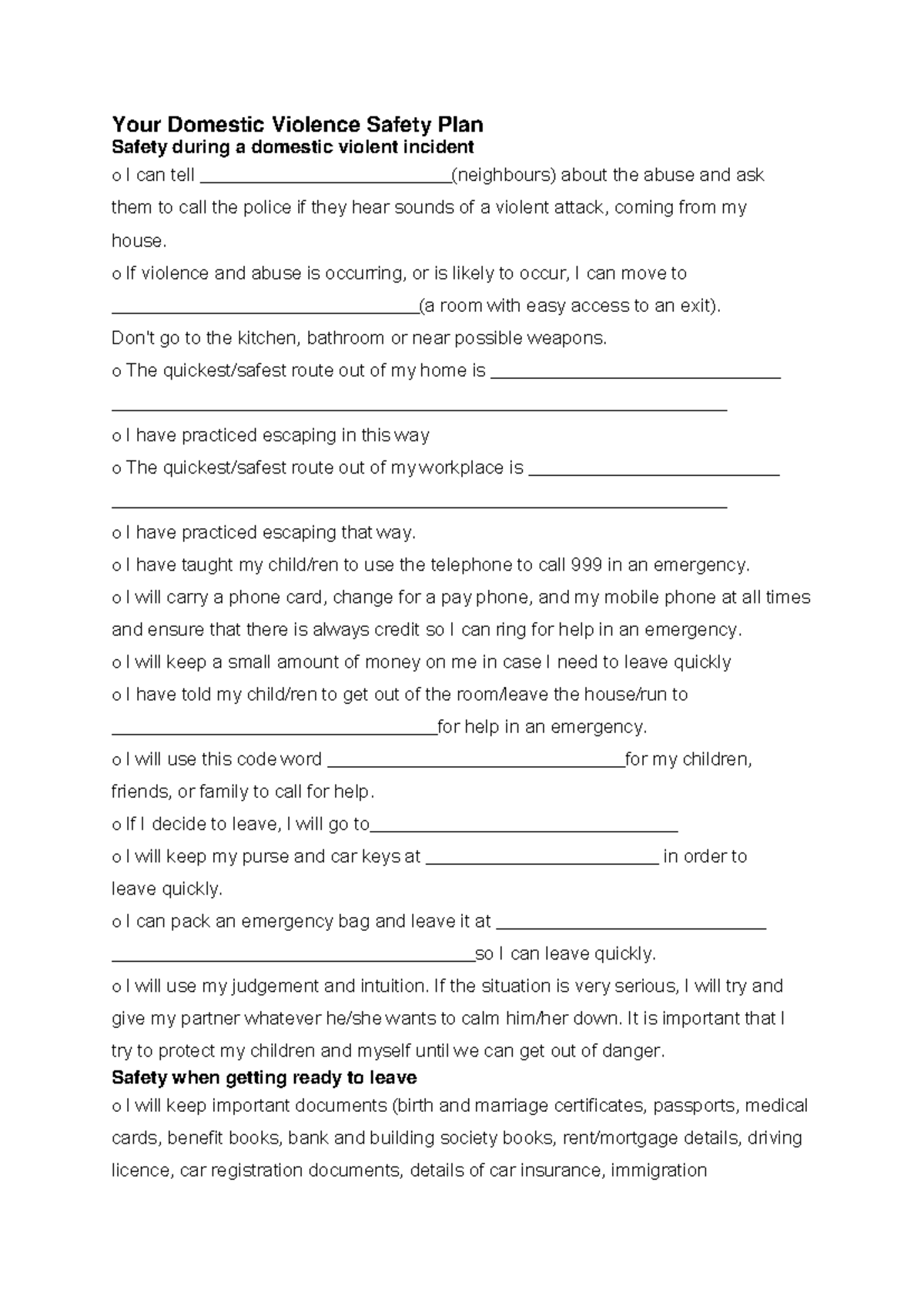 Your Domestic Violence Safety Plan - ο If violence and abuse is ...